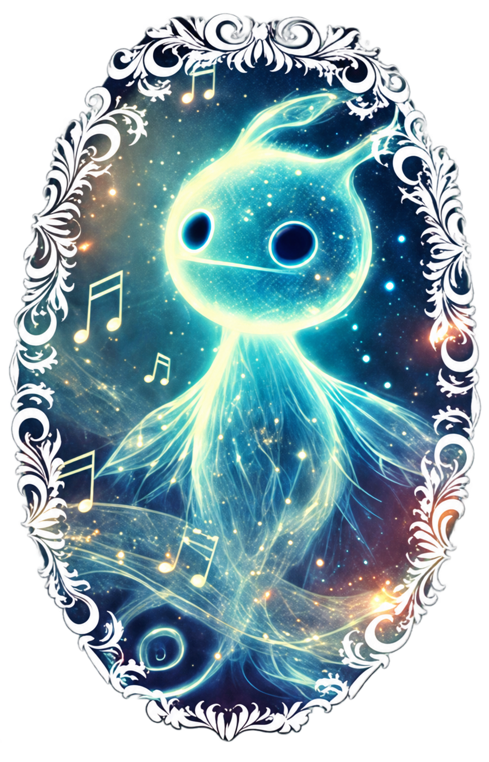 L’esprit de la musique, personnage lumineux dans son cadre ornementé.